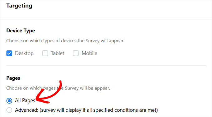 Choose the All Pages option to display the quick feedback survey everywhere