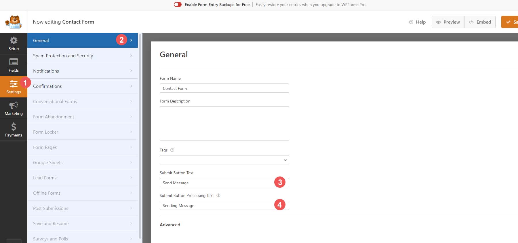 Form settings general tab