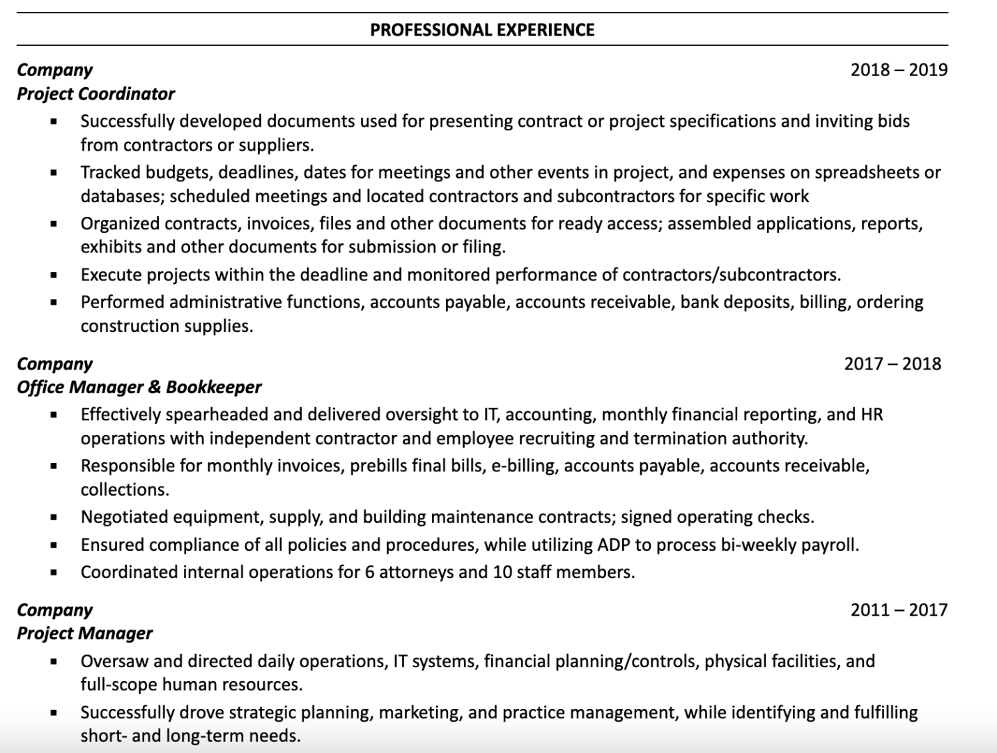 Chronological project manager resume layout
