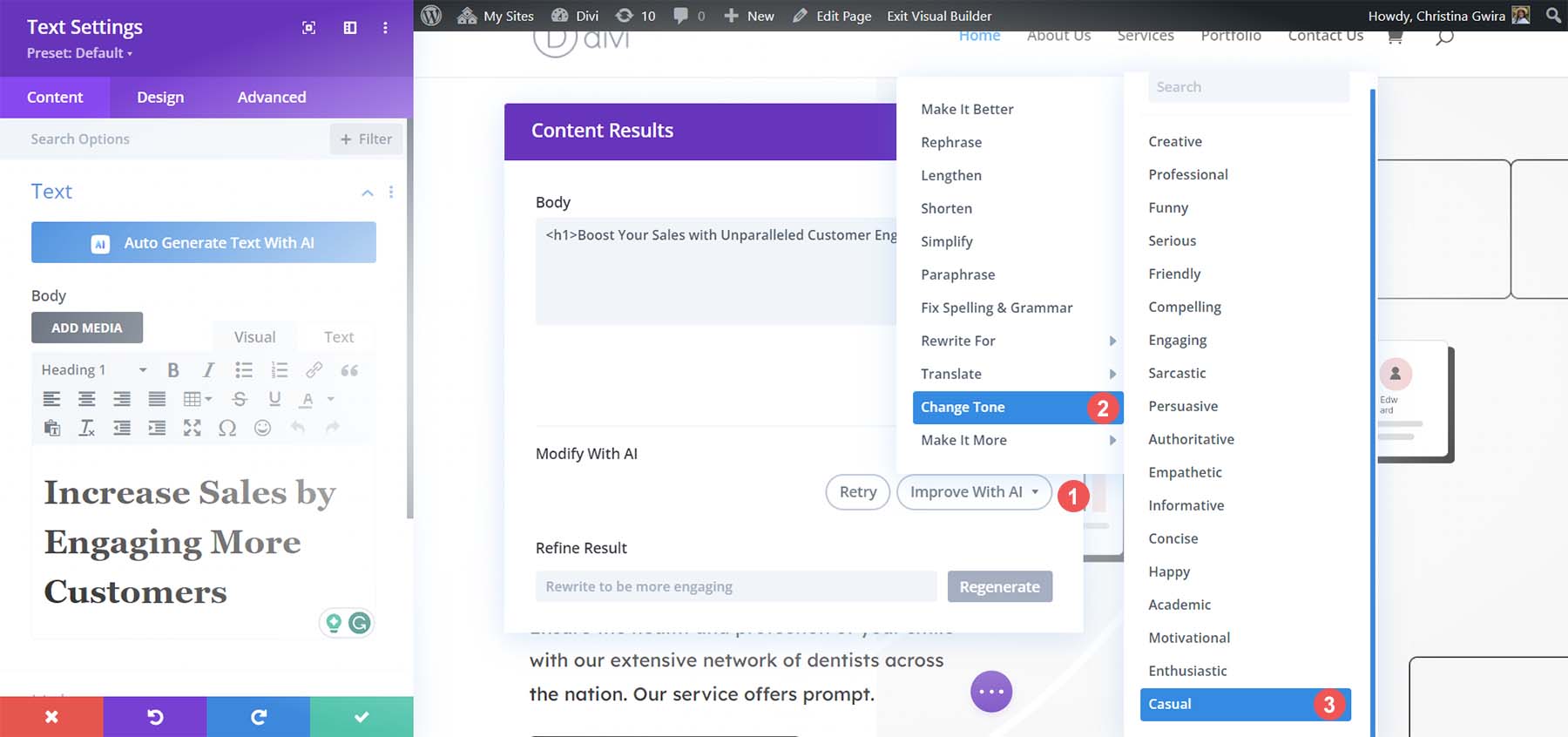 Choose a casual tone of voice with Divi AI