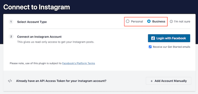 Choose between a personal and business Instagram account