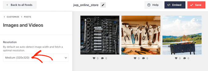 Changing the resolution for an embedded Instagram feed