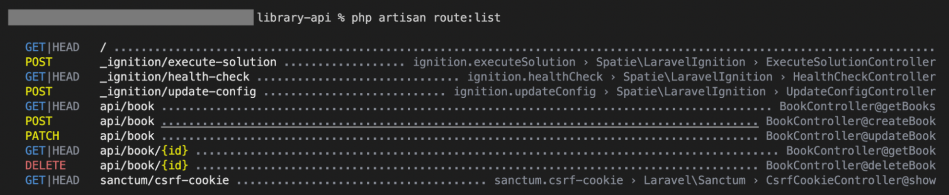 The terminal displays the "php artisan route: