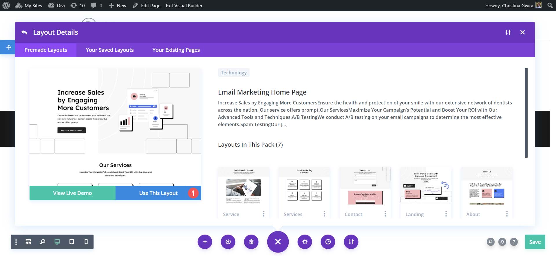 Select the home page page layout of the Email Marketing Layout Pack