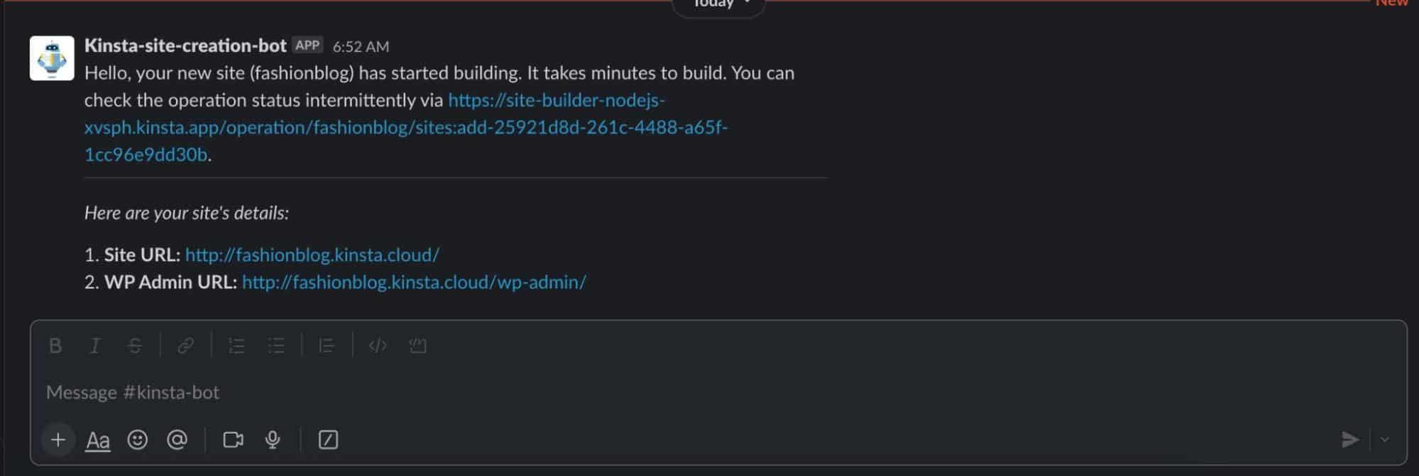 Slack message customized with Slack block Kit Builder