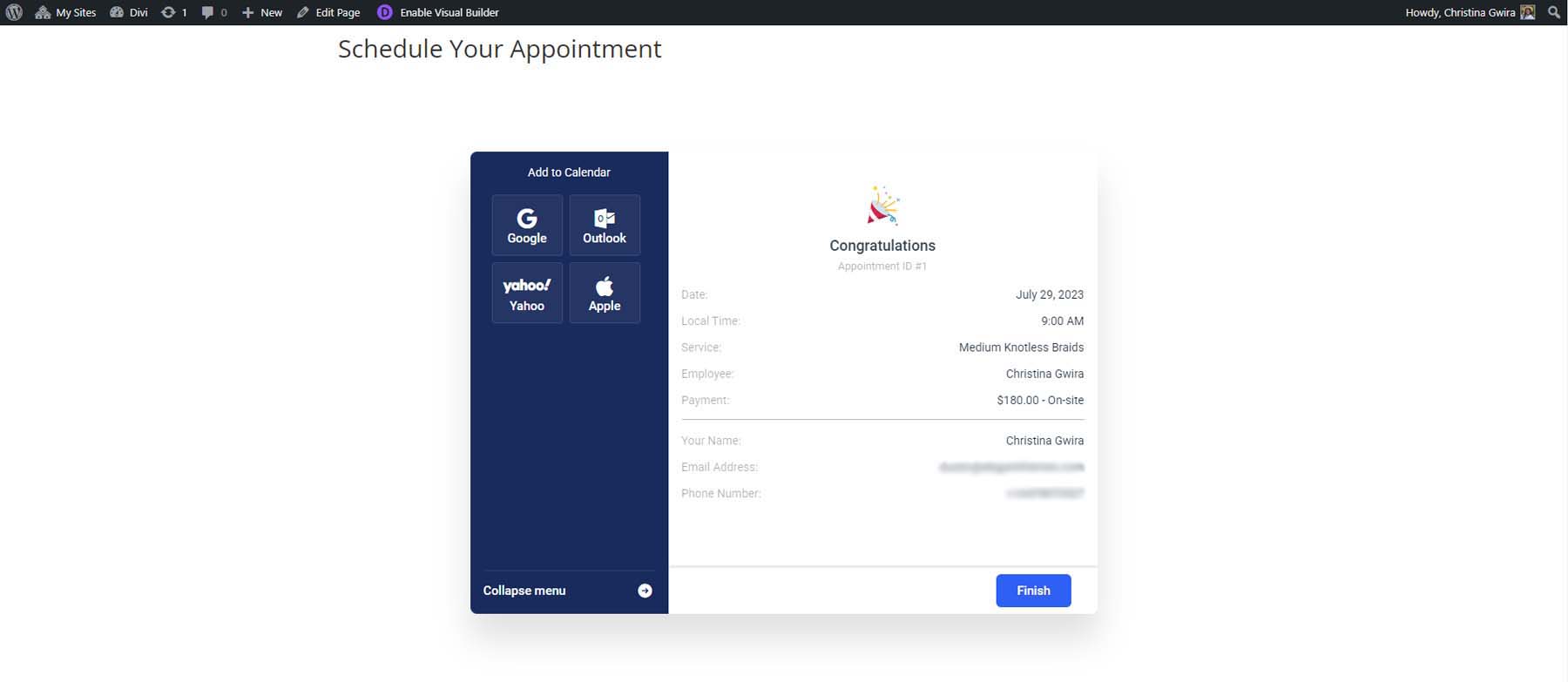 Testing your booking form - final appointment confirmation