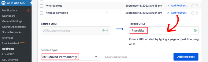 Redirecting a 404 Error Using AIOSEO