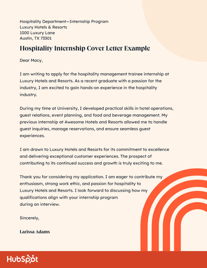 Internship Cover Letter Examples: Hospitality Internship Cover Letter