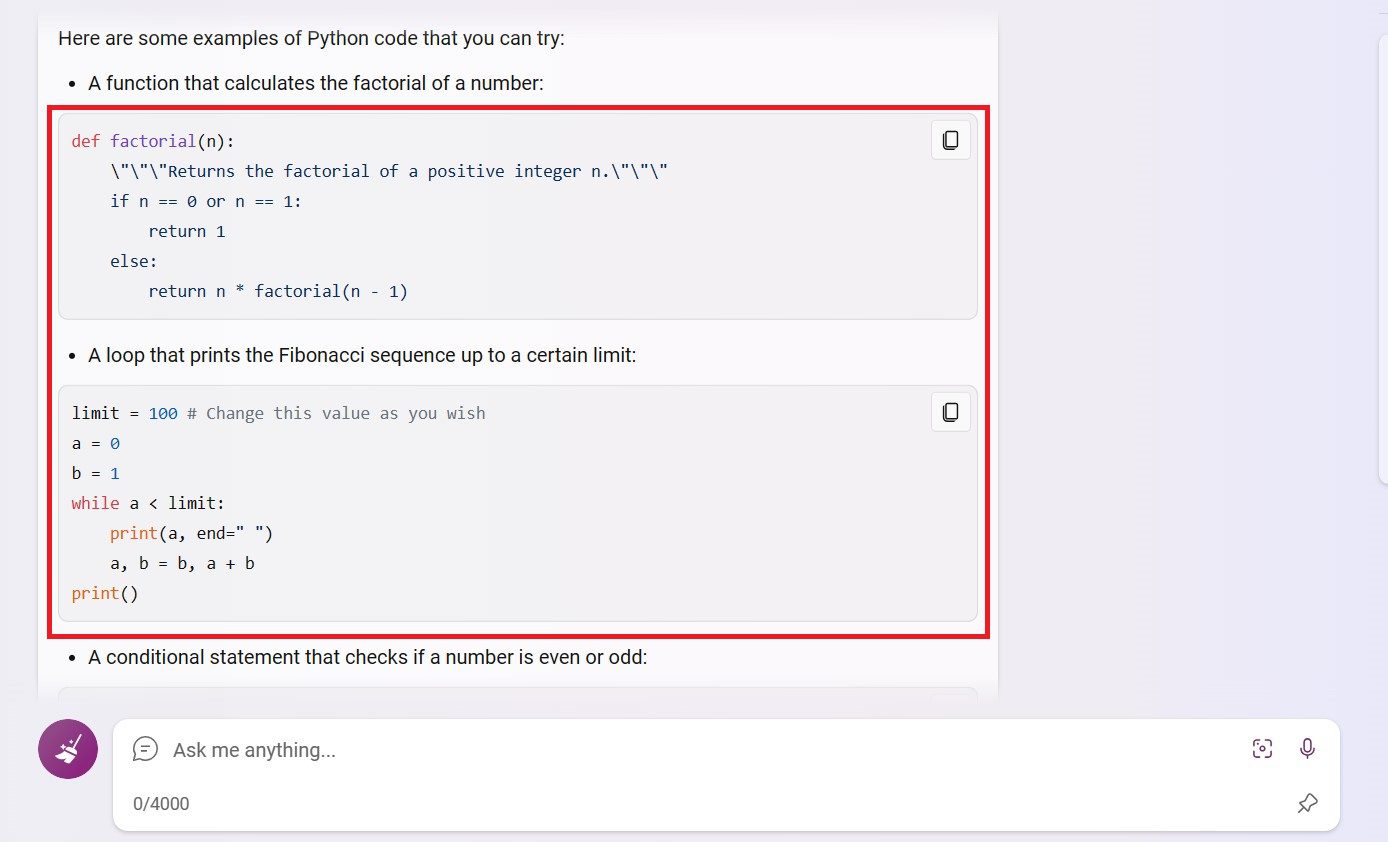 Bing Generating Python Code