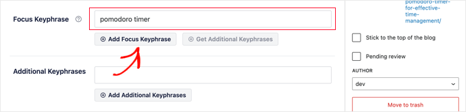 Add focus keyword for your post or page