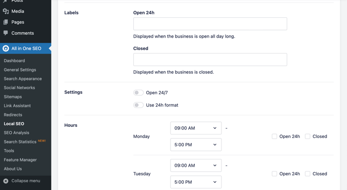 AIOSEO Local SEO Opening Hours Settings