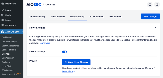 News sitemap in All in One SEO for WordPress