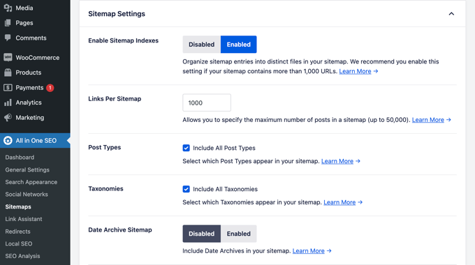 Sitemap settings