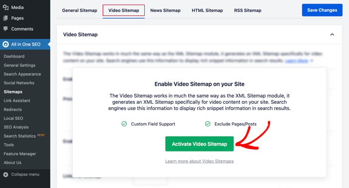 Click the 'Activate Video Sitemap' Button