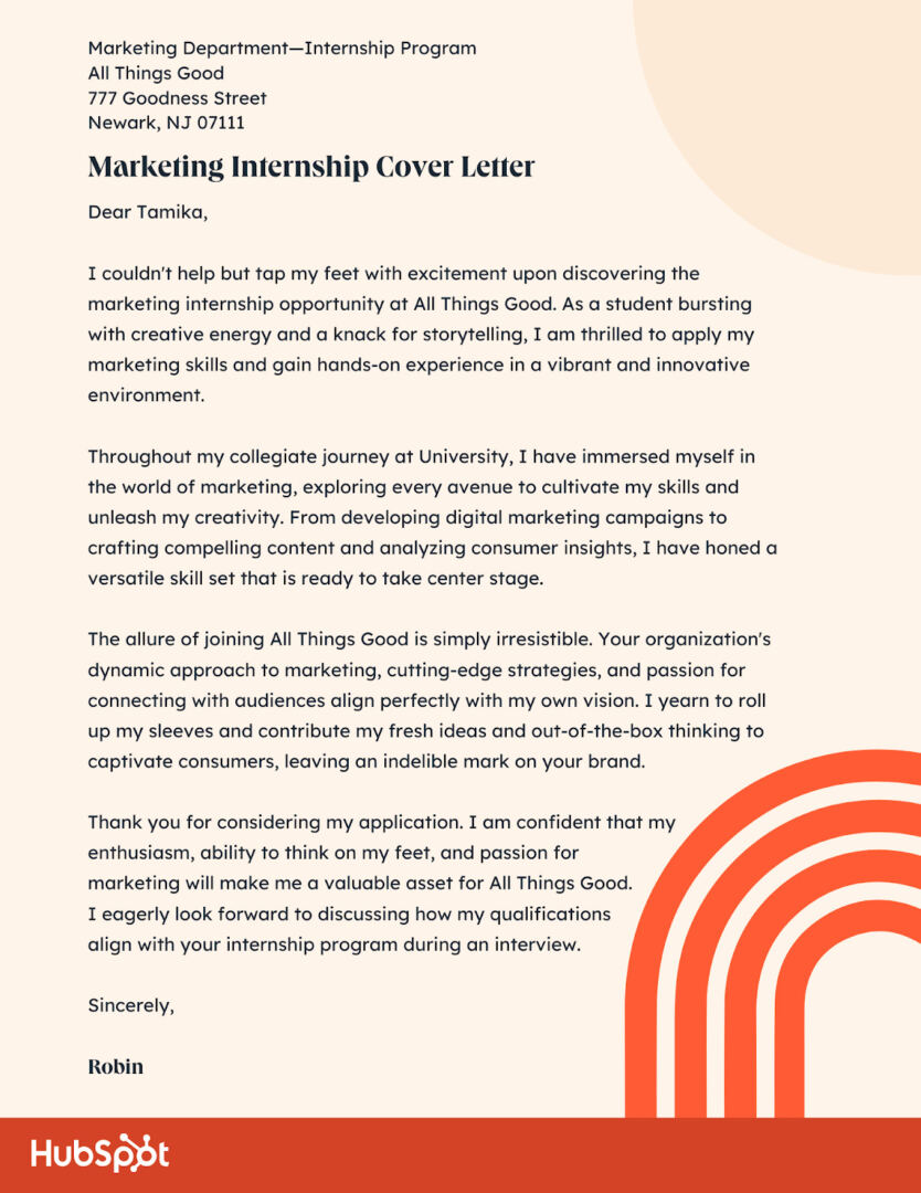 Internship Cover Letter Examples: Marketing Internship Cover Letter
