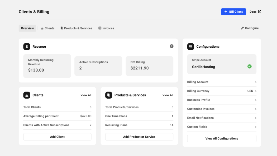 A screen showing our clients and billing interface