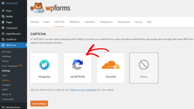 Captcha settings in WPForms