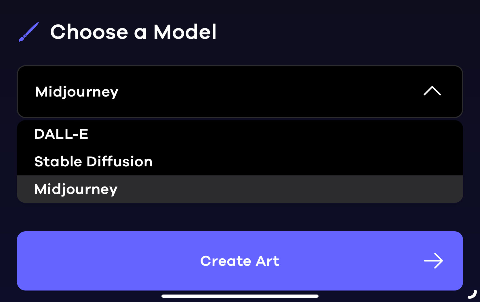 Model selection screen