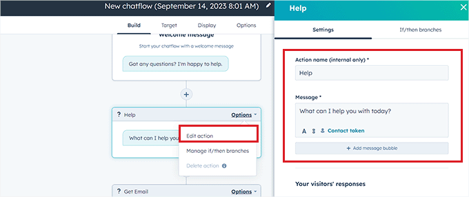 configure chatbot action settings