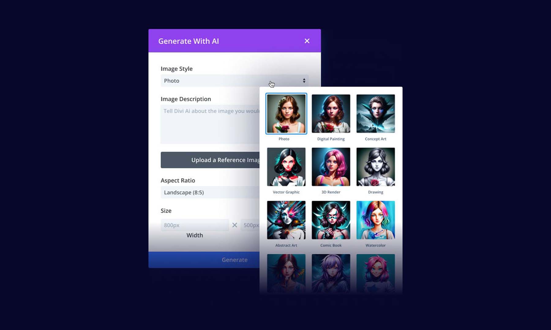 Divi AI's image styles