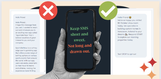 Image comparing a poorly written long drawn out SMS vs. a good quality, concise, and short SMS campaign