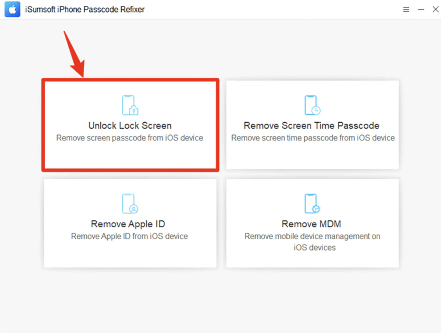 iSumsoft main screen with 'Unlock Lock Screen' option highlighted