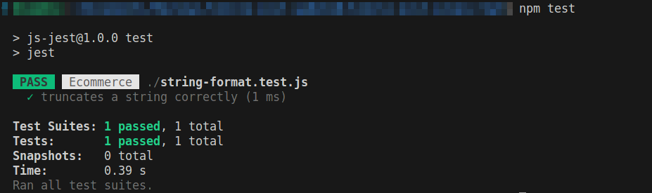 Jest test result showing passed for the "truncates a string correctly" test in string-format.test.js.