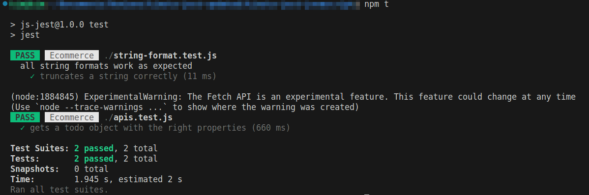 Jest test result showing passed for the "truncates a string correctly" test in string-format.test.js and "gets a todo object with the right properties" test in apis.test.js.