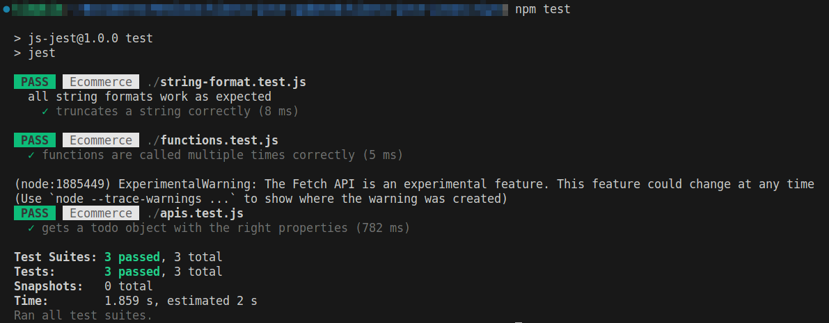 Jest test result showing passed for the three tests: "truncates a string correctly", "functions are called multiple times correctly" and "gets a todo object with the right properties."