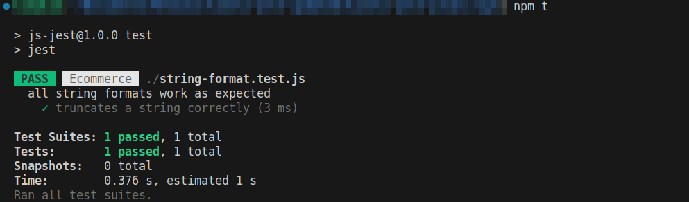 Jest test result showing passed for the "truncates a string correctly" test in string-format.test.js. The test result also shows the "all string formats work as expected" text from the describe function.