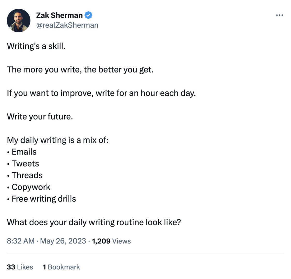 Content creator Zak Sherman tweeted a list of ways he practices writing every day including in emails, tweets, and threads.
