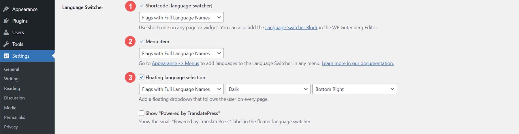TranslatePress' language switcher options