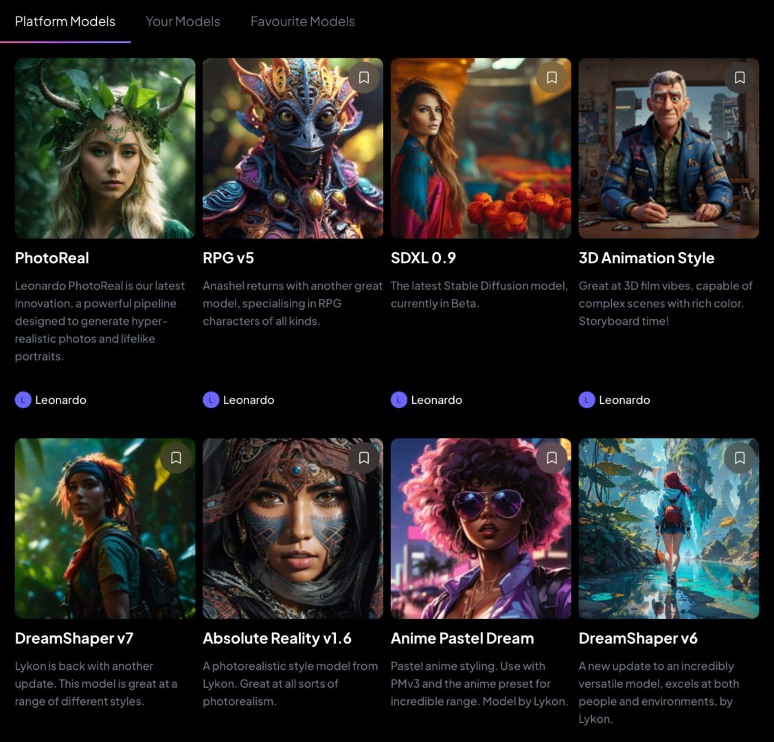 List of models in Leonardo.ai app