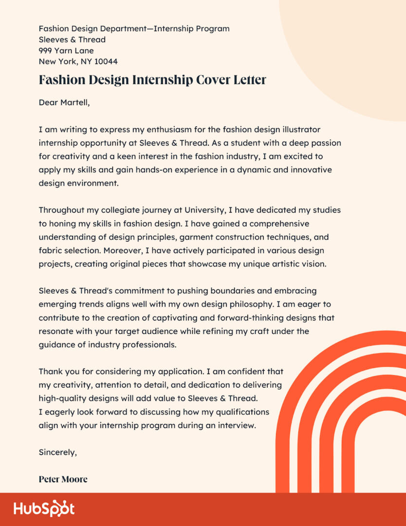 Internship Cover Letter Examples: Fashion Design Internship Cover Letter