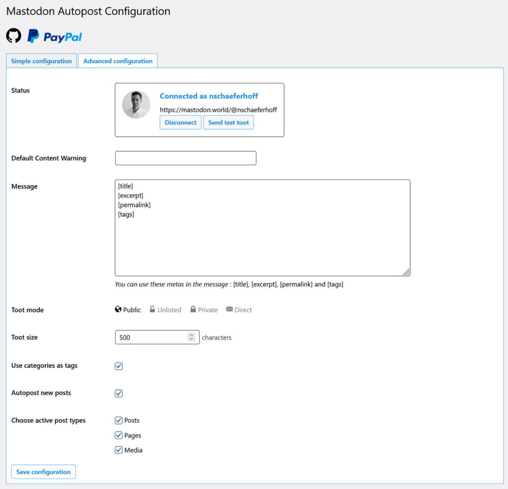 mastodon autopost avanced configuration