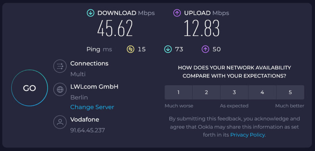 ookla speed test results