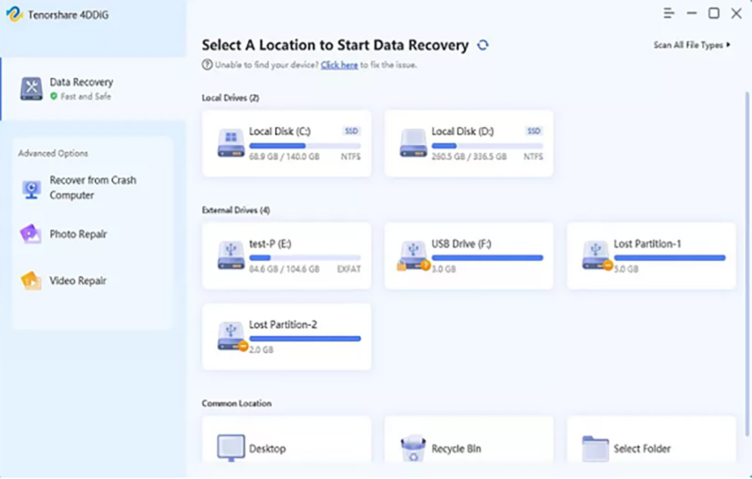 4DDiG Data Recovery main screen