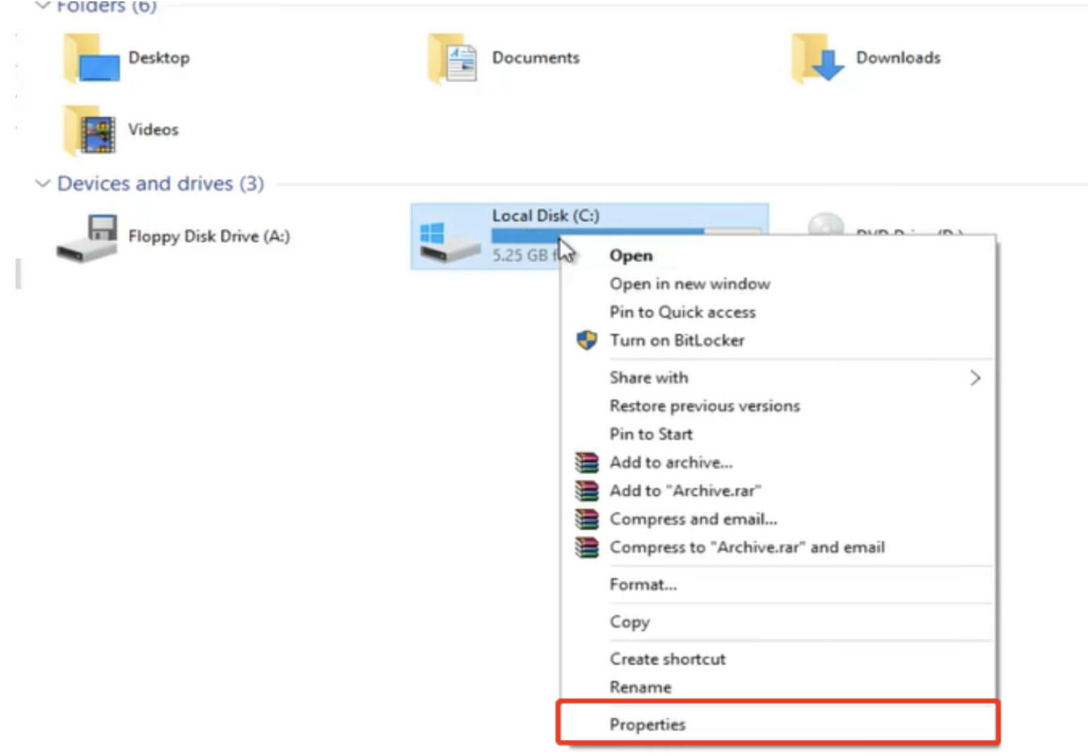 Right-clicking on the inaccessible drive in File Explorer