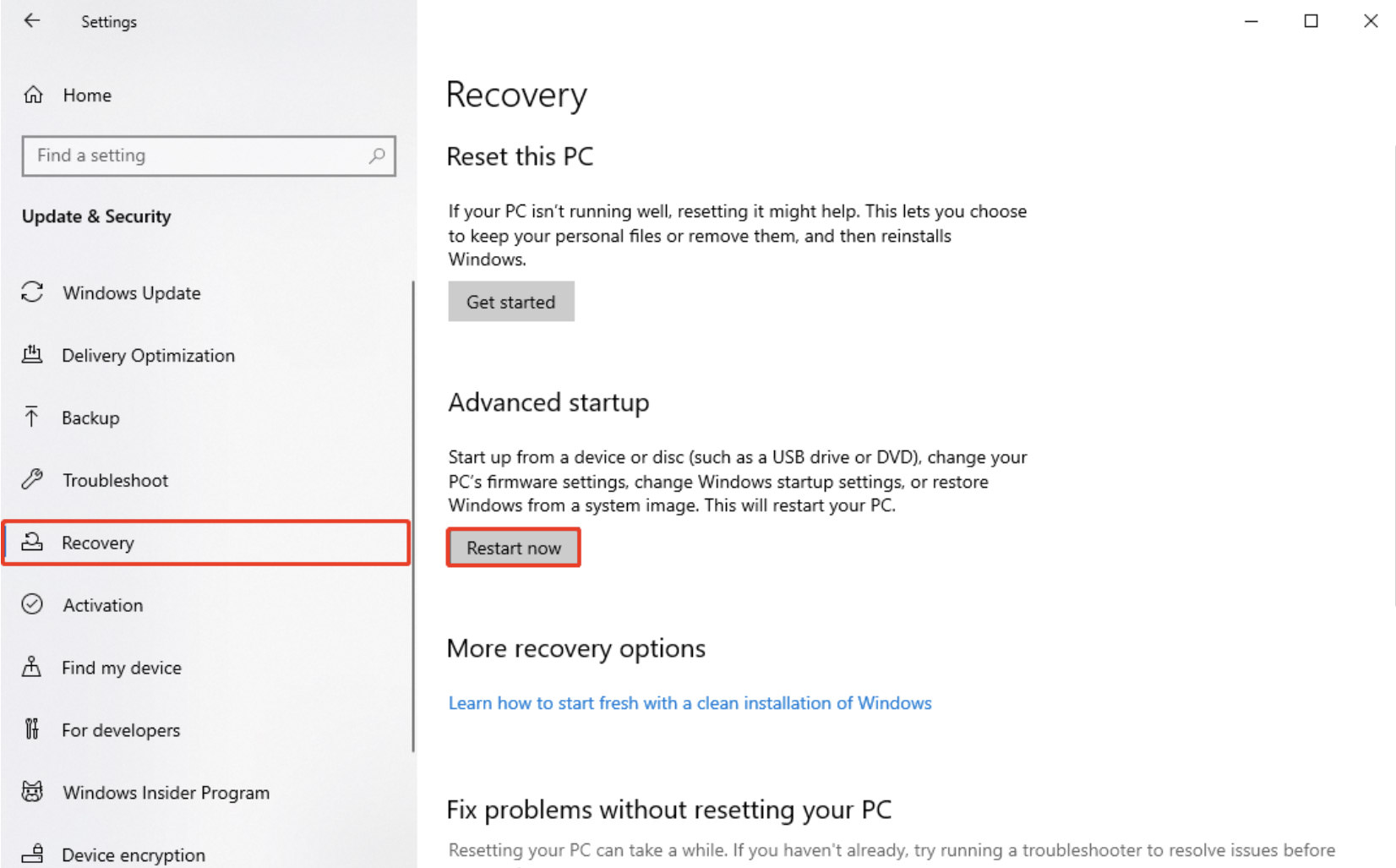 Recovery tab in Windows Settings