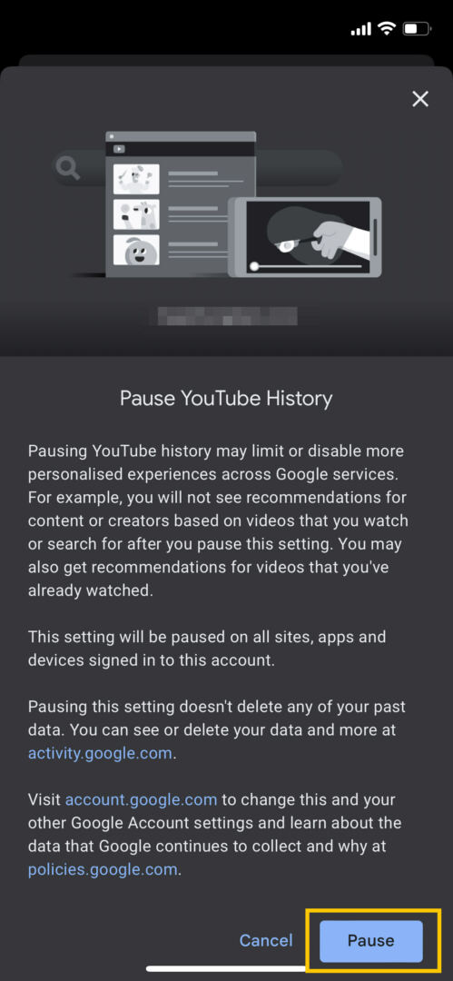 Pause YouTube history pop-up