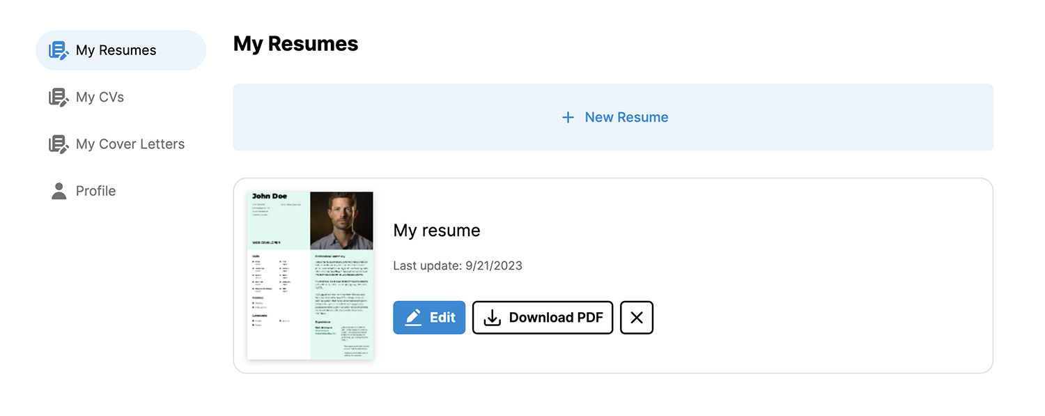 Profile page with listed resumes