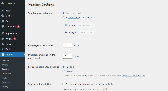 Reading settings WordPress