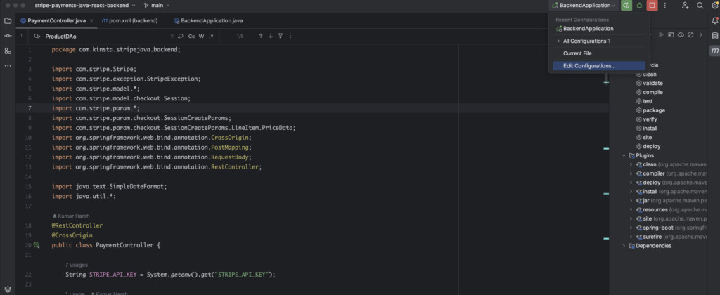 The IntelliJ IDEA window showing where to access the run/debug configurations setting from.