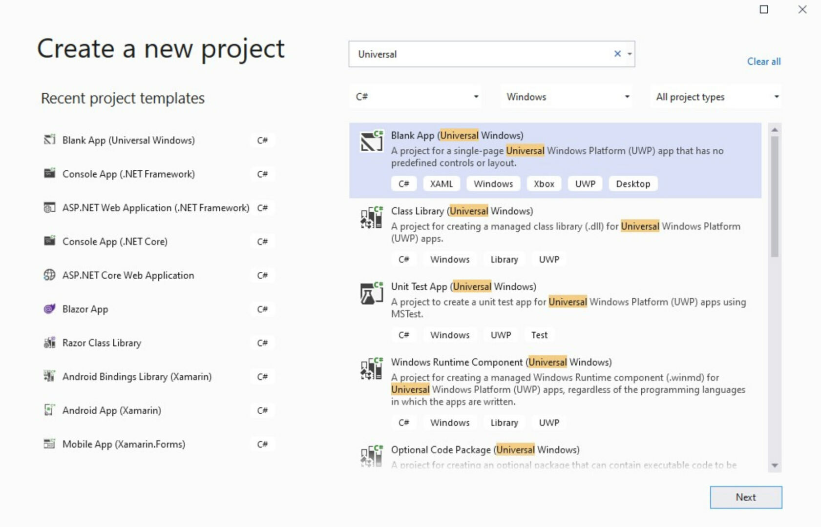 Visual Studio New Project Window