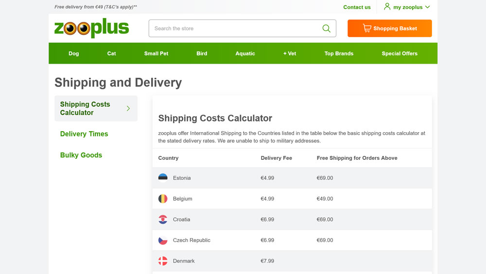 shipping information page example