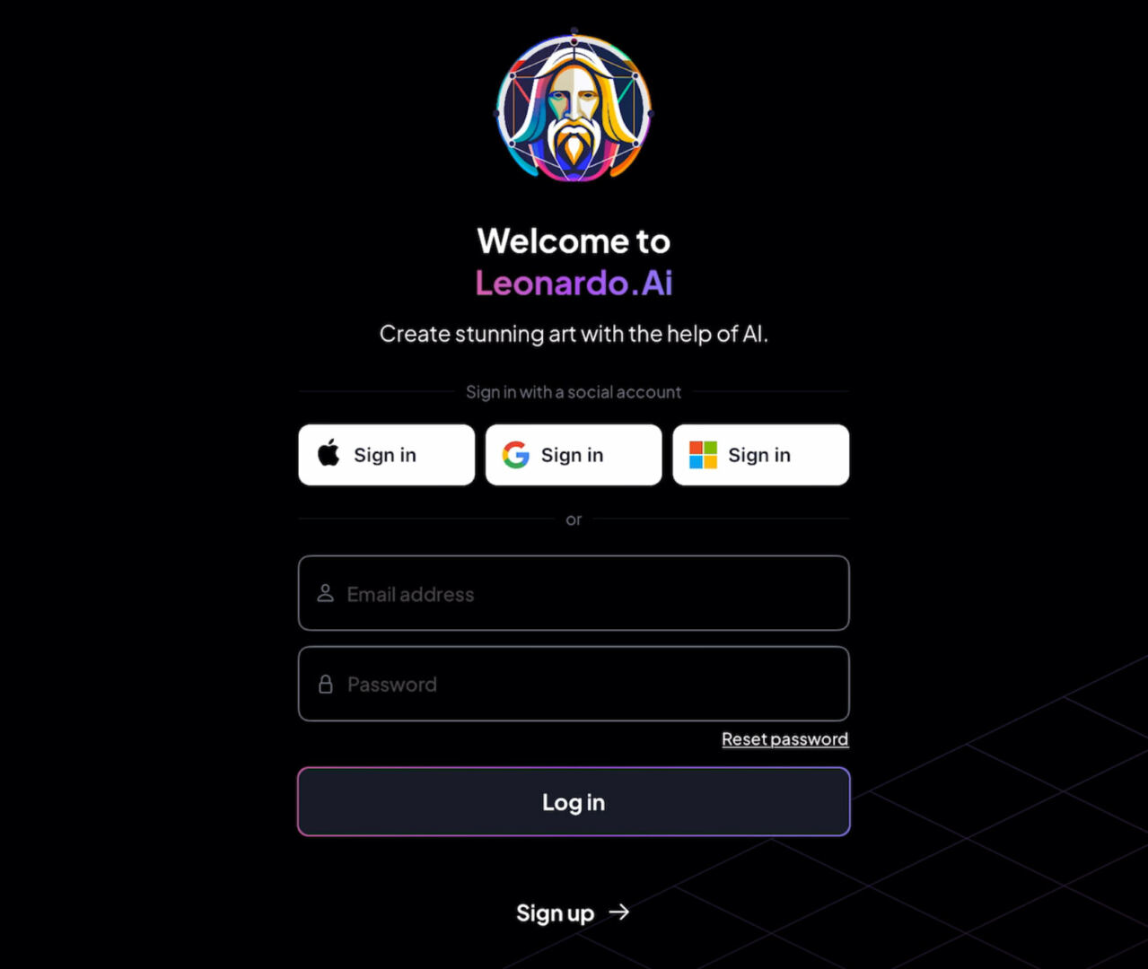 Sign-up screen of Leonardo.ai app