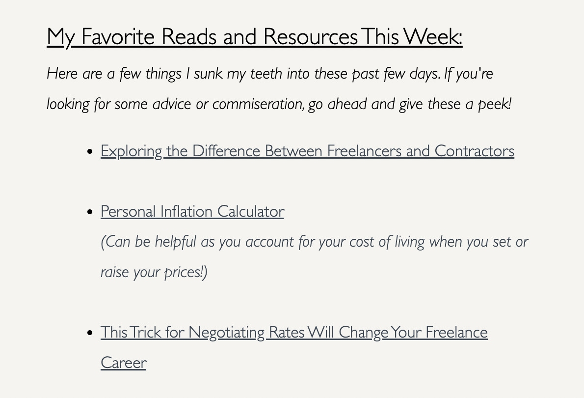 Content creator and freelance writer Kat Boogaard shares curated resources from other creators in her weekly newsletter.