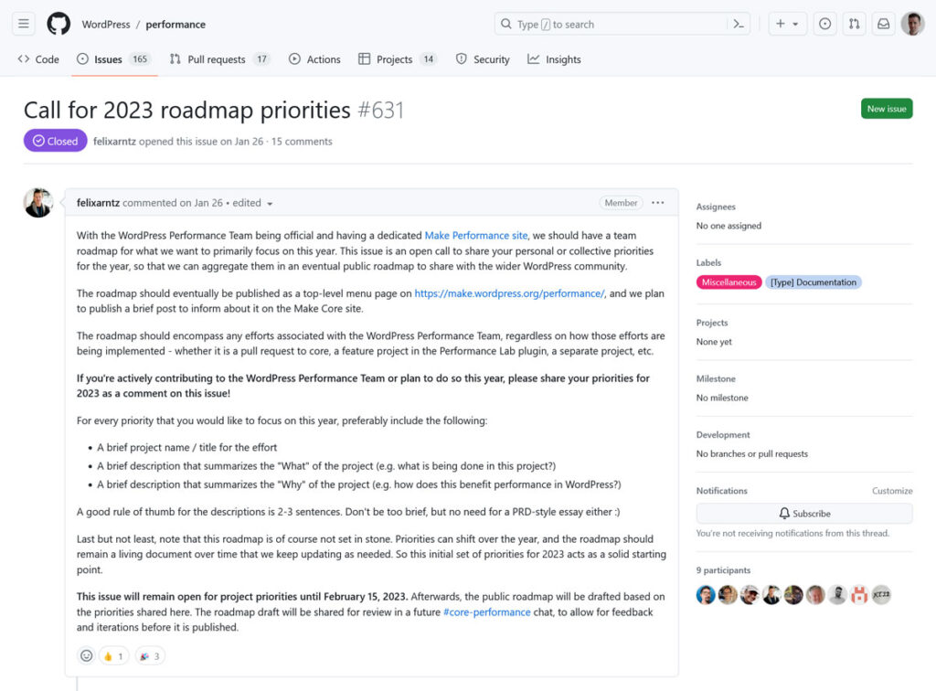 wordpress core performance team call for priorities on github