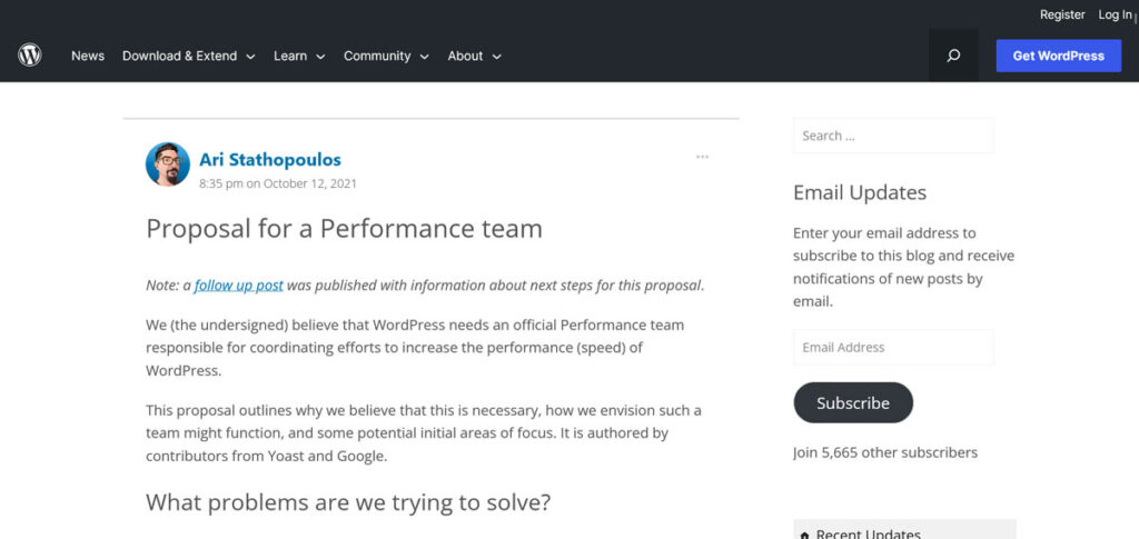 wordpress core performance team original proposal