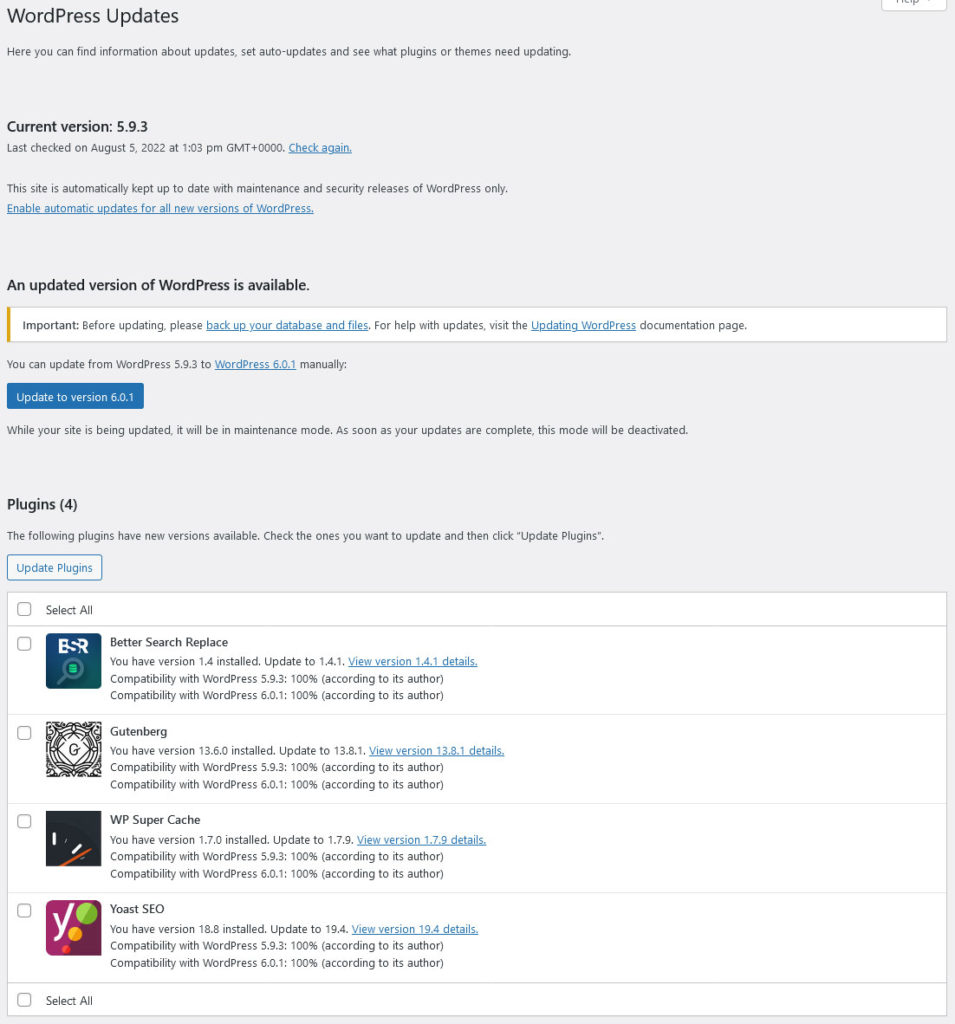 wordpress updates page